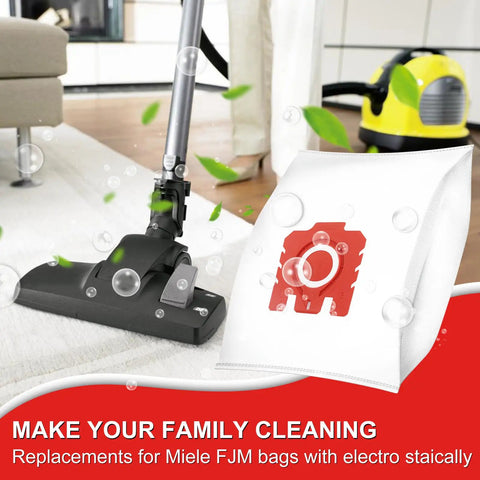 Vacuum on carpet with Upgraded 3D AirClean FJM Vacuum Bags 16 Pack in foreground, compatible with Miele C1 C2 series.