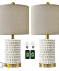 Farmhouse Ceramic Table Lamps Set Of 2 With 3-Way Dimmable Touch Control White Bedside Lamps With USB A And USB C Ports