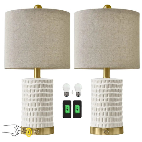 Farmhouse Ceramic Table Lamps Set Of 2 With 3-Way Dimmable Touch Control White Bedside Lamps With USB A And USB C Ports