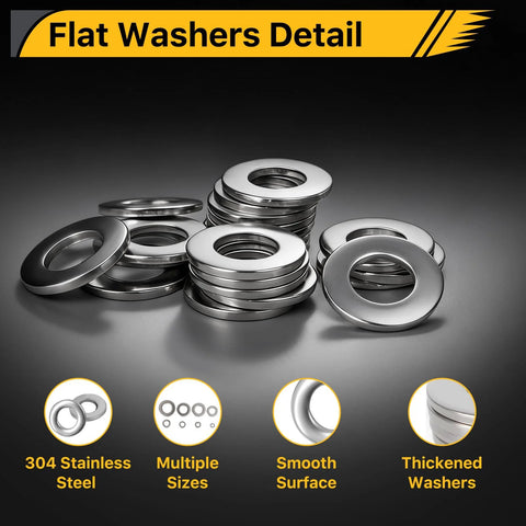 Nuepuxo flat washers assortment kit, 600 pcs, 304 stainless steel, M3–M12, 7 sizes
