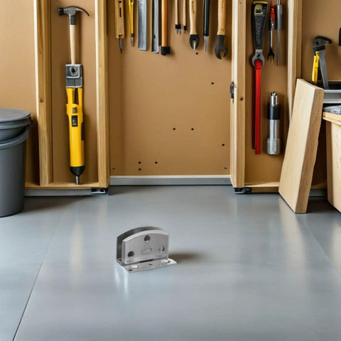 Beefy Heavy Duty Stainless Steel Glass Door Hinge For 8-9mm Glass Doors And Cabinets, Wear Resistant Pivot Hinge With High Load-Bearing Capacity For Commercial Use And Easy Quick Install Cabinet And Glass Door Hardware installed on a workbench