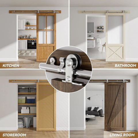 Stainless Steel Sliding Door Hardware Kit 5 Ft Top Mount For Wooden Single Door Fits 30 Inch Wide Panel T Style Rails Rollers Durable Rust Resistant Track System shown in various room settings.