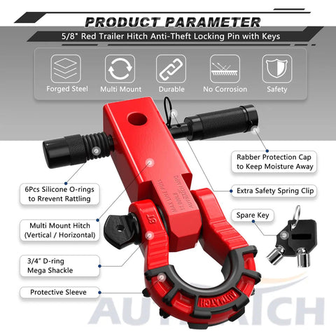 Heavy Duty Off Road Towing Kit With 2 Inch Shackle Hitch Receiver, Three Quarter Inch Mega D Ring Shackle, Five Eighth Inch Trailer Hitch Lock Pin, 68,000 Lbs Break Strength, Ready To Roll Recovery Gear For Trucks And SUVs, close-up view with labeled features
