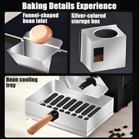 No Stress Daily Roasts With This 200 Gram Electric Coffee Machine showing funnel-shaped bean inlet and cooling tray.