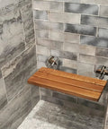 20 Inch Teak Shower Seat Fold Down Wall Mounted Chair with chrome hinges in bathroom, space saving teak shower bench.