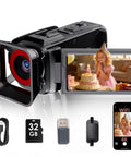 4K Video Camcorder With 64MP Photos, 3 Inch 270 Degree Flip Screen And 18X Zoom, Built In WiFi, Webcam Ready, accessories shown