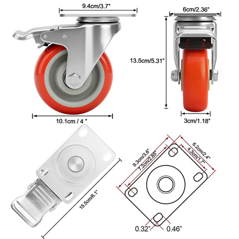 4 Inch Heavy Duty Swivel Caster Wheels With Brakes Set Of 4, dimensions and design, polyurethane wheel