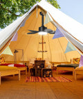Compact Ceiling Fan With Light And Remote For Outdoor Spaces, 20 Inch, 30W, 2000 Lumens hanging inside a camping tent