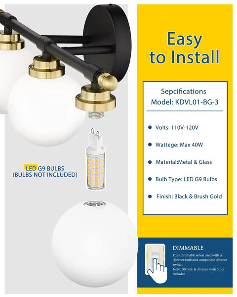 Black And Gold 3 Light Bathroom Vanity Light Over Mirror With White Glass Shades Dimmable LED G9 Bulbs Compatible Wall Mount