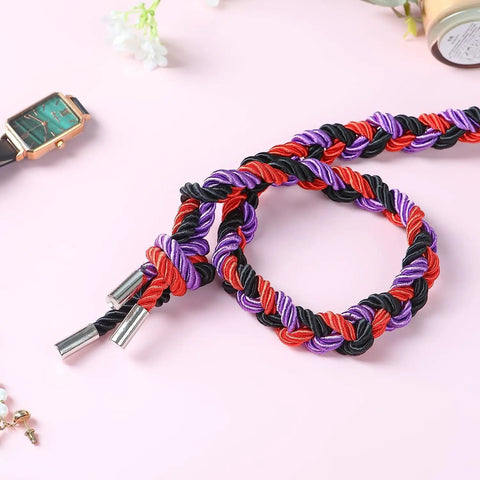 Soft Silk Bondage Rope Set 32 Feet Each 8mm Thick Two Pack For BDSM Shibari Play Durable Black Rope For Women And Couples Easy Wash Non Fading Ends Ideal Bedroom Restraints Kit For Erotic Exploration, multi-colored braided ropes on pink surface
