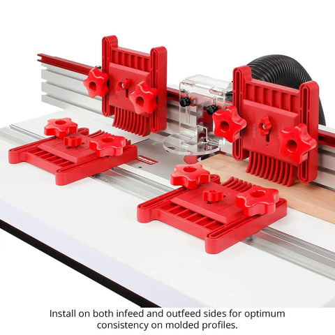 Rock Solid Variable Pressure Featherboard 2 Pack showing red adjustable mounting clamps on router table for stability.