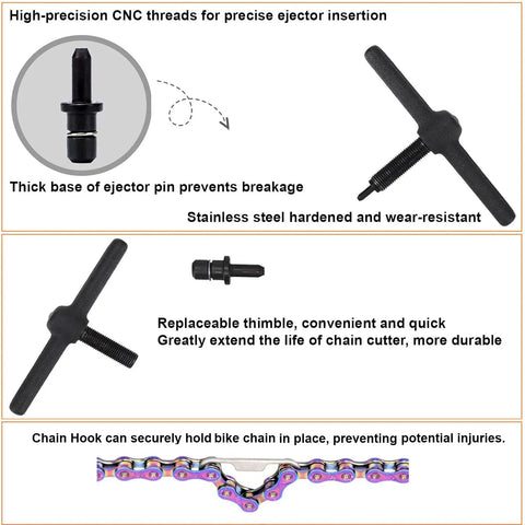 Diagram of Pro Grade Bike Chain Repair Tools Kit with focus on chain breaker, ejector pin, and chain hook features.