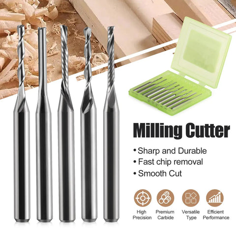 CNC Router Bits Set For Wood PVC MDF Hardwood 10 Pack With 1/8 Inch Shank And 1/16 Inch Cutting Diameter Carbide End Mills Includes O Flute Downcut Upcut 2 Flute Straight Ball Nose Bits For Engraving And Sign Making visible in image.
