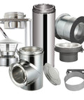Heavy Duty Eight Inch Class A Double Wall Through Wall Kit Featuring Spark Guard Chimney Cap And Rock Solid Standard Bracket For No Fuss Insulated Flue Pipe Setup components arranged.