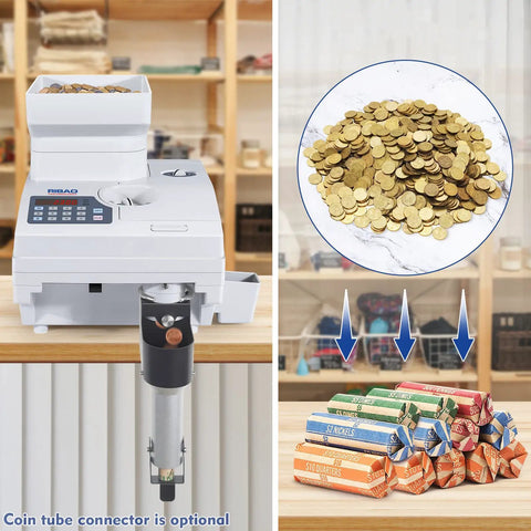 Heavy Duty Coin Counter And Auto Sorter With Killer Capacity Plug And Play Simple Setup Bank Grade Cash Management For US Canadian Mexican Foreign Coins No Sweat Operation With Full Two Year Warranty with coins and wrappers.
