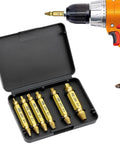 Six Piece Screw Extractor Set With HSS 4341 Bits for DIY home repair, compact tool box and drill attachment, gold finish