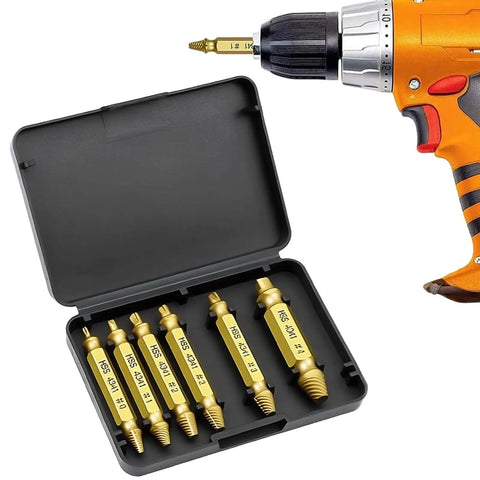 Six Piece Screw Extractor Set With HSS 4341 Bits for DIY home repair, compact tool box and drill attachment, gold finish