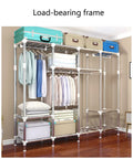 Heavy Duty Portable Fabric Wardrobe Organizer With Rock Solid Steel Frame Foldable Dustproof Closet Storage Cabinet, showcasing load-bearing frame with clothing and storage boxes.