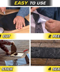 Max Thick Rubberized Waterproof Tape For Leaks Patch Up And Seal Like A Boss Works On Wet Or Dry Surfaces Underwater Indoors Or Outdoors White 4 Inch By 25 Foot Roll Pack Of 1 For Home RV Roof And Pool Repairs, showing use steps: cut, peel, stick, seal on roof.