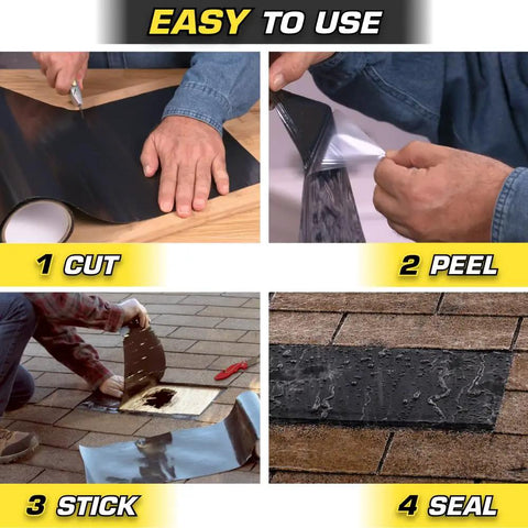 Max Thick Rubberized Waterproof Tape For Leaks Patch Up And Seal Like A Boss Works On Wet Or Dry Surfaces Underwater Indoors Or Outdoors White 4 Inch By 25 Foot Roll Pack Of 1 For Home RV Roof And Pool Repairs, showing use steps: cut, peel, stick, seal on roof.