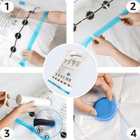 Steps to use Vacuum Storage Bags Large 5 Pack With Hand Pump For Clothes And Linens, Space Saver Compression Up To 80 Percent