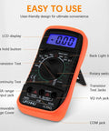 Go-To DIY Ready Multimeter Volt Meter 2000 Counts Digital Tester with backlit LCD and orange cover, showcasing features.