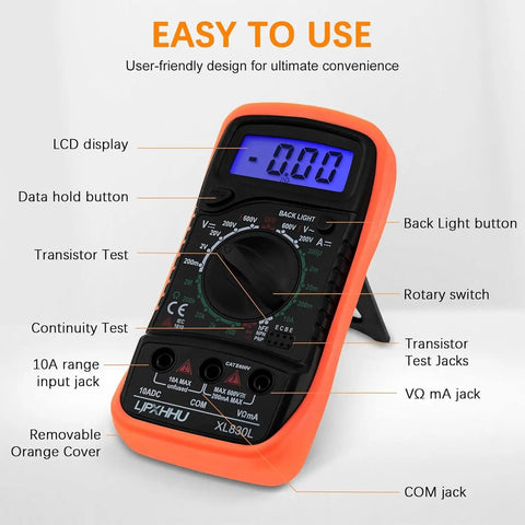 Go-To DIY Ready Multimeter Volt Meter 2000 Counts Digital Tester with backlit LCD and orange cover, showcasing features.