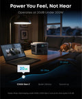 Solix C1000 Gen 2 Portable Power Station With 100W Solar Panel on a desk, operating quietly next to a laptop and sleeping dog.