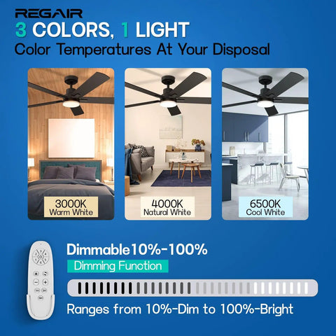 52 Inch Ceiling Fan With Light Remote Control Reversible DC Motor Noiseless 3 CCT Dimmable Timer Black operation modes