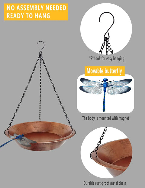 Outdoor Hanging Bird Bath In Antique Copper Metal With 17 Inch Rust Proof Black Chains Durable Iron Bird Feeder Bowl For Garden And Backyard Decor Weather Resistant And Easy To Clean