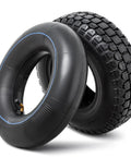 4.10/3.50-6 Tires With Heavy Duty Inner Tubes For 4 Wheelers ATVs Go Karts Lawn Mowers Snow Blowers Tractors Hand Trucks Trolleys Mini Bikes And More 2 Pack Ideal Replacement For Wheelbarrows, shown in black with textured grip and inner tube
