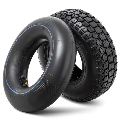 4.10/3.50-6 Tires With Heavy Duty Inner Tubes For 4 Wheelers ATVs Go Karts Lawn Mowers Snow Blowers Tractors Hand Trucks Trolleys Mini Bikes And More 2 Pack Ideal Replacement For Wheelbarrows, shown in black with textured grip and inner tube