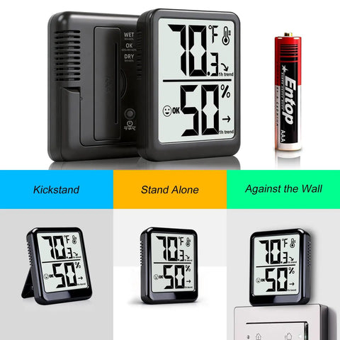 Indoor Room Thermometer And Hygrometer Real Time Temp And Humidity Monitor With Digital Display Accurate Readings From -58 To 158 F Easy Humidity Control Great For Home Office Nursery, black 2.6-inch display, AAA battery, kickstand