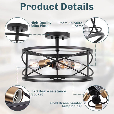 Three Light Semi Flush Mount Ceiling Light With Industrial Modern Farmhouse Style And Metal Cage 14 Inch Wide Oil Rubbed Bronze Finish E26 Base Rustic Yet Sleek Kitchen Hallway Living Room Bedroom Fixture, showing details and materials.