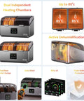 Filament Dryer For Four Spools With Space Pi X4 Storage Box Dual Independent Heating Chambers 85C Max Temperature display.