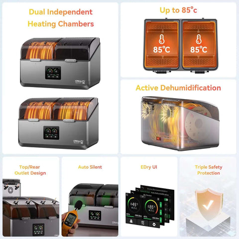 Filament Dryer For Four Spools With Space Pi X4 Storage Box Dual Independent Heating Chambers 85C Max Temperature display.