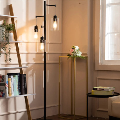 Black Floor Lamp With Three Glass Shade Branches Dope Industrial Tree Lamp For Living Room Or Office 64 Inch Tall Modern