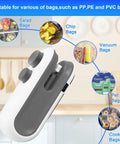 2 In 1 Mini Bag Sealer With Cutter Rechargeable Portable Heat Sealer in kitchen with various bag types shown