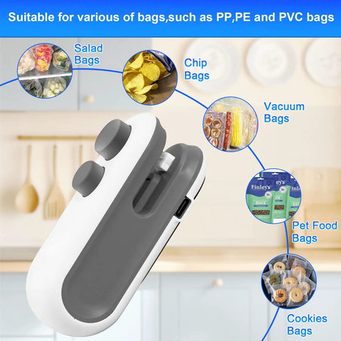 2 In 1 Mini Bag Sealer With Cutter Rechargeable Portable Heat Sealer in kitchen with various bag types shown