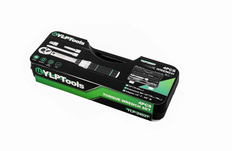 Quarter Inch Drive Click Torque Wrench Set With 20 To 200 In Lb Range Pro Grade 4 Piece Kit storage case with adapters visible