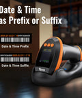 Wireless Barcode Scanner With Screen Pro Version 1D 2D QR Handheld Reader Works With Bluetooth 2 4G USB Wired Plug And Play Charging Cradle Setting Keypad And Customizable Display Language Volume And Barcode Storage Counter on a desk with barcode images
