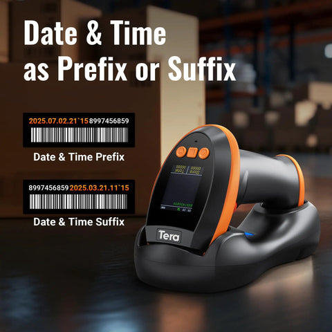Wireless Barcode Scanner With Screen Pro Version 1D 2D QR Handheld Reader Works With Bluetooth 2 4G USB Wired Plug And Play Charging Cradle Setting Keypad And Customizable Display Language Volume And Barcode Storage Counter on a desk with barcode images