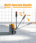 Heavy Duty 3300 Lb Electric Pallet Jack With Smart Control Handle and Fast Lifting, showing multi-function handle in a warehouse.