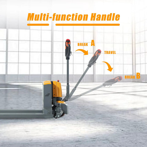 Heavy Duty 3300 Lb Electric Pallet Jack With Smart Control Handle and Fast Lifting, showing multi-function handle in a warehouse.