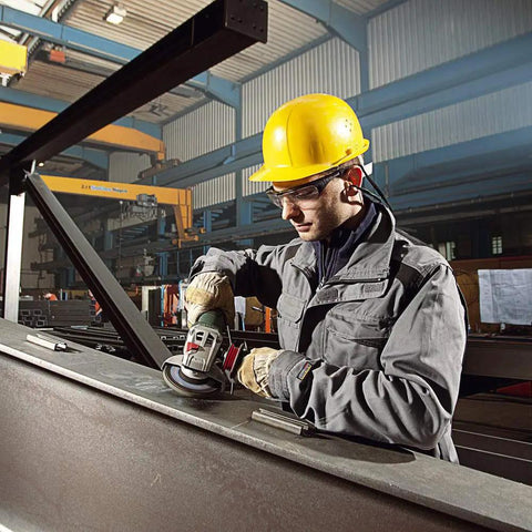 Worker using 6 Inch Angle Grinder With 13.5 Amp Power, 9,600 RPM, Lock On Switch for metal grinding in factory.