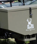 ATV Broadcast Spreader With Wireless Control And Adjustable Flow 80 Lb Capacity 2Inch Receiver Hitch attached to ATV
