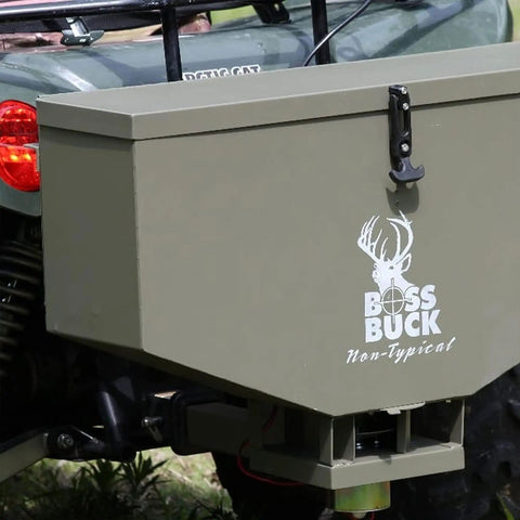 ATV Broadcast Spreader With Wireless Control And Adjustable Flow 80 Lb Capacity 2Inch Receiver Hitch attached to ATV