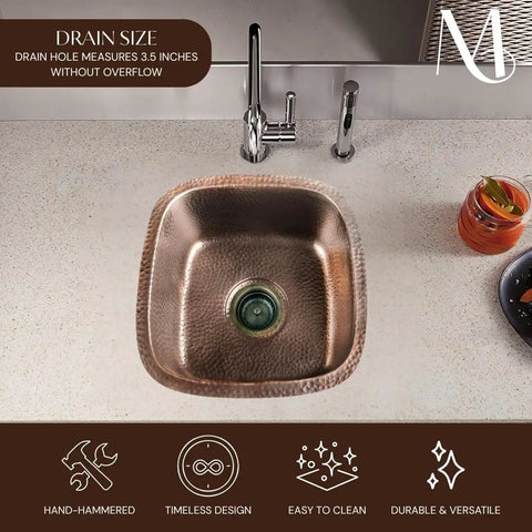 Hand Hammered Copper Kitchen And Bar Sink 15 Inch Atlas Dual Mount Drop In Or Undermount Deep Single Bowl Heavy Gauge Craftsmanship Pro Grade Finish Built To Last, installed in a countertop
