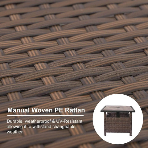 Close-up of manual woven PE rattan on the All Weather Wicker Patio Umbrella Stand Table 22 Inch Brown Rattan Garden Furniture