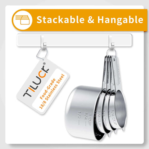 Stainless Steel Measuring Cups And Spoons Set 10 Piece Kitchen Gadgets hanging on hooks, food-grade 18/8 stainless steel
